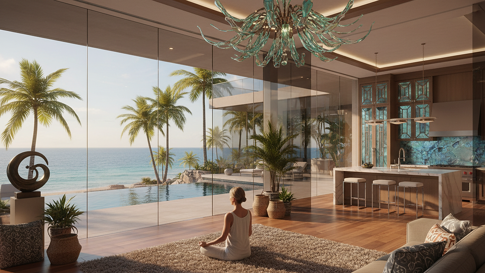 Eye-level view of a peaceful woman meditating in a sunlit room
