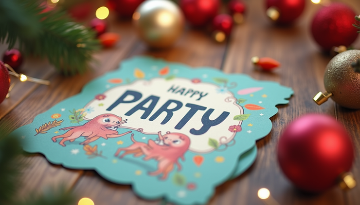 Eye-level view of a colorful invitation card with festive decorations on a wooden table