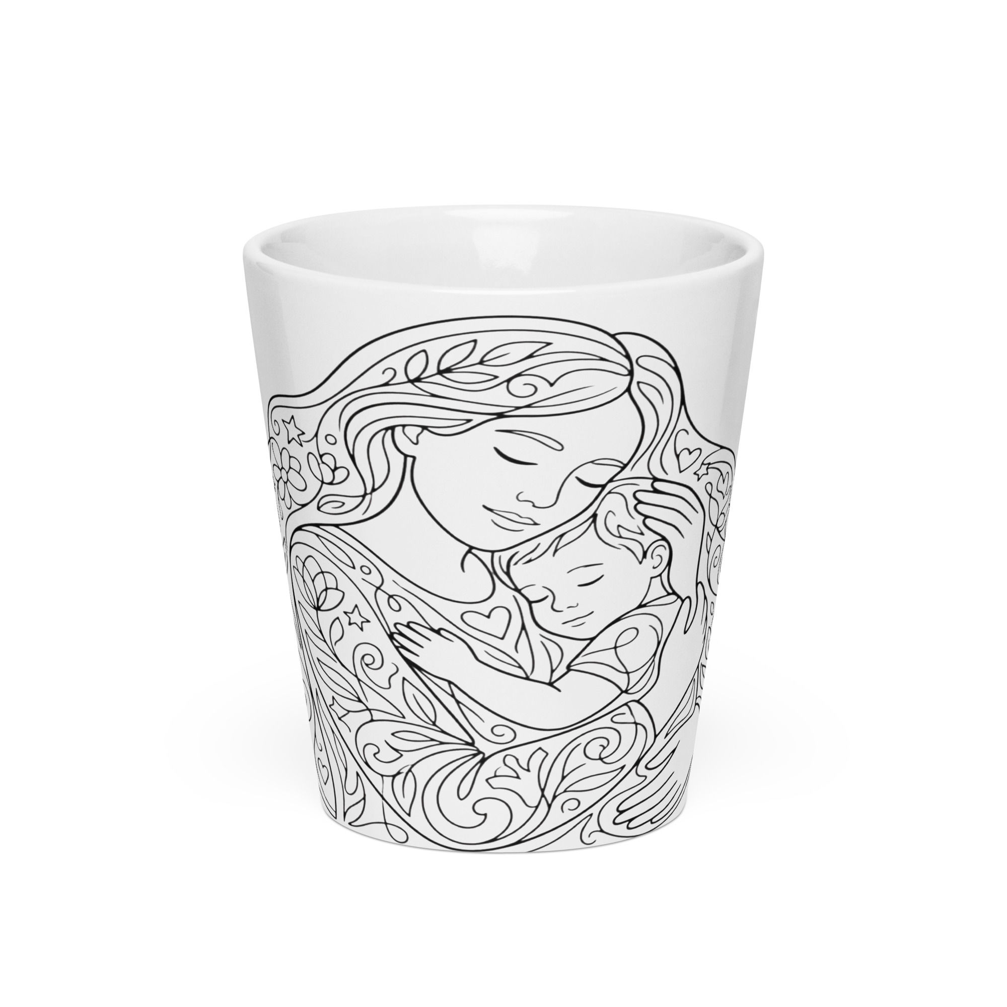 Latte mug mother hugs her baby.