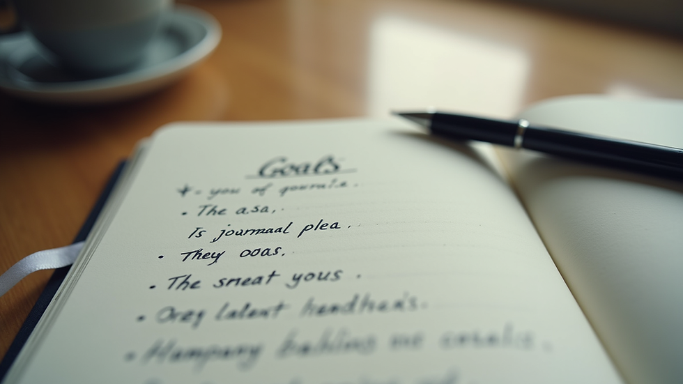 Eye-level view of a journal with handwritten goals and a pen