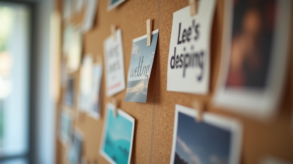 Close-up view of a vision board with inspiring images and words