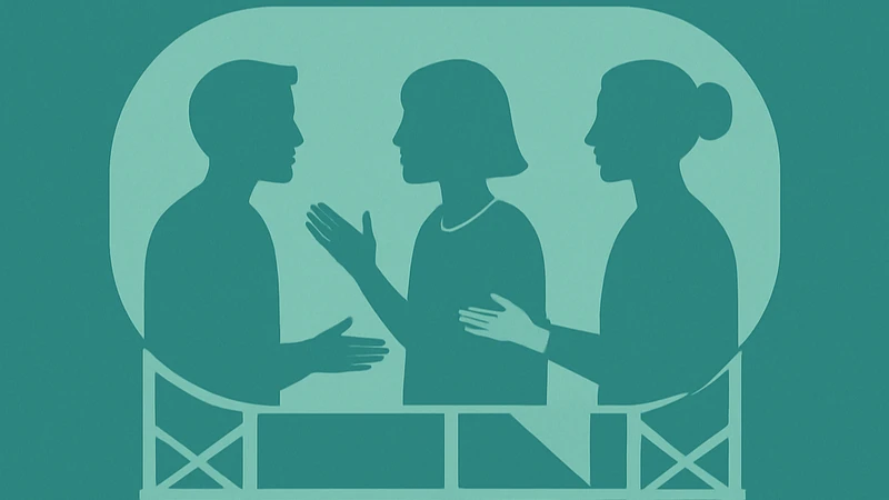 an illustration of a man and two women talking to each other
