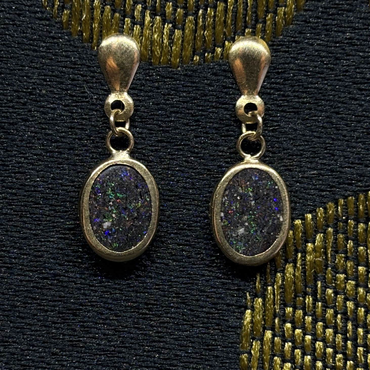 Colorful Black Honduran 9k Solid Gold Dangle Opal Earrings