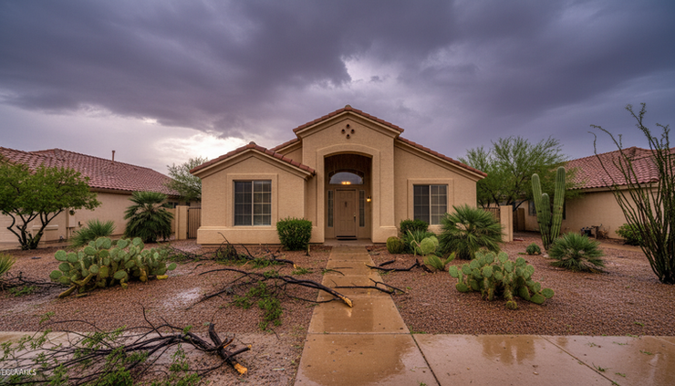 Wide-angle view of a Phoenix home after storm damage with debris near the entryway