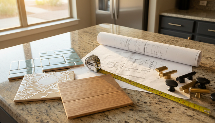 Close-up view of remodeling plans on a kitchen counter.