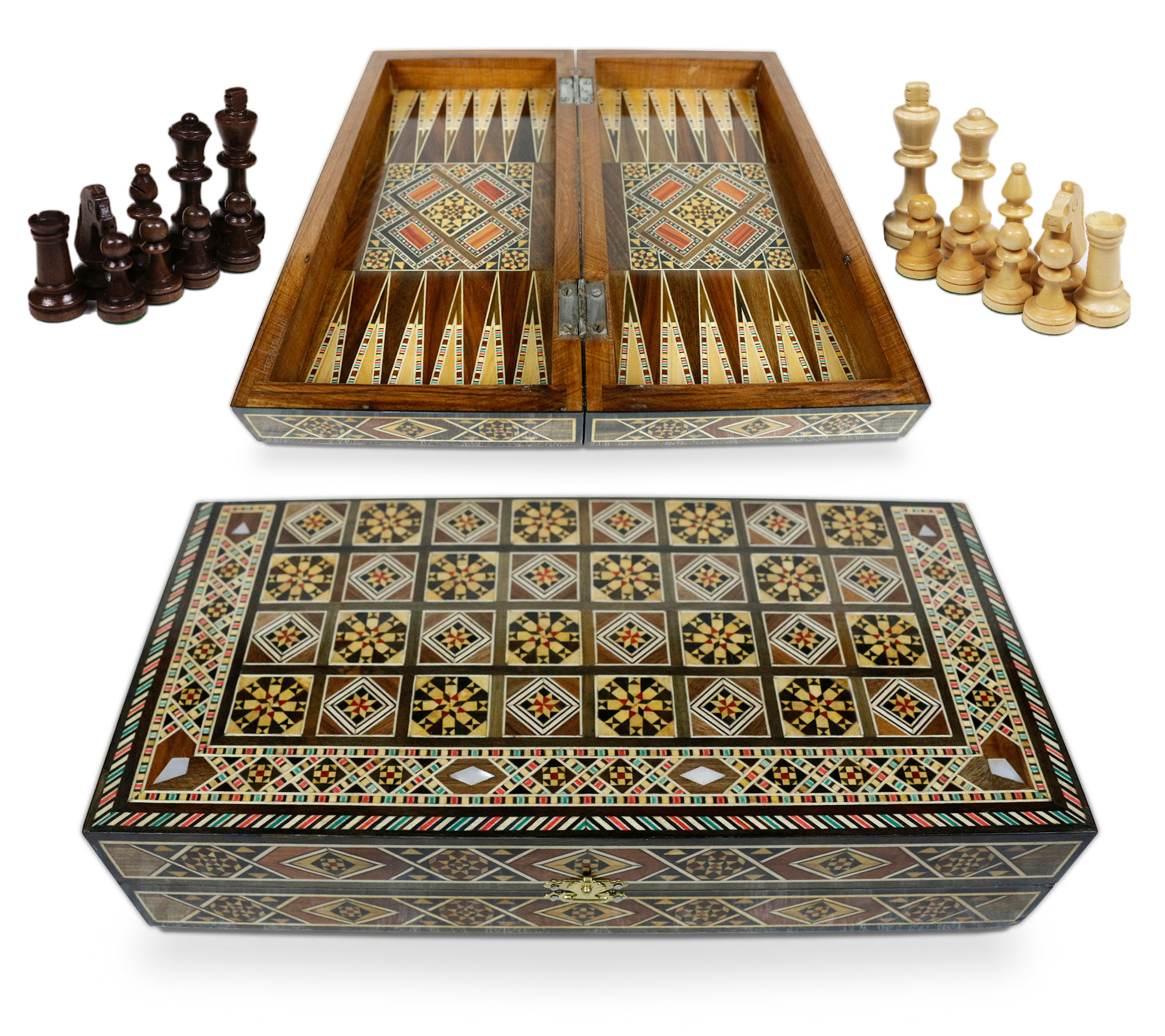 Holz Backgammon/Schach Brett inkl.Holz Steine,Figuren BK301AF
