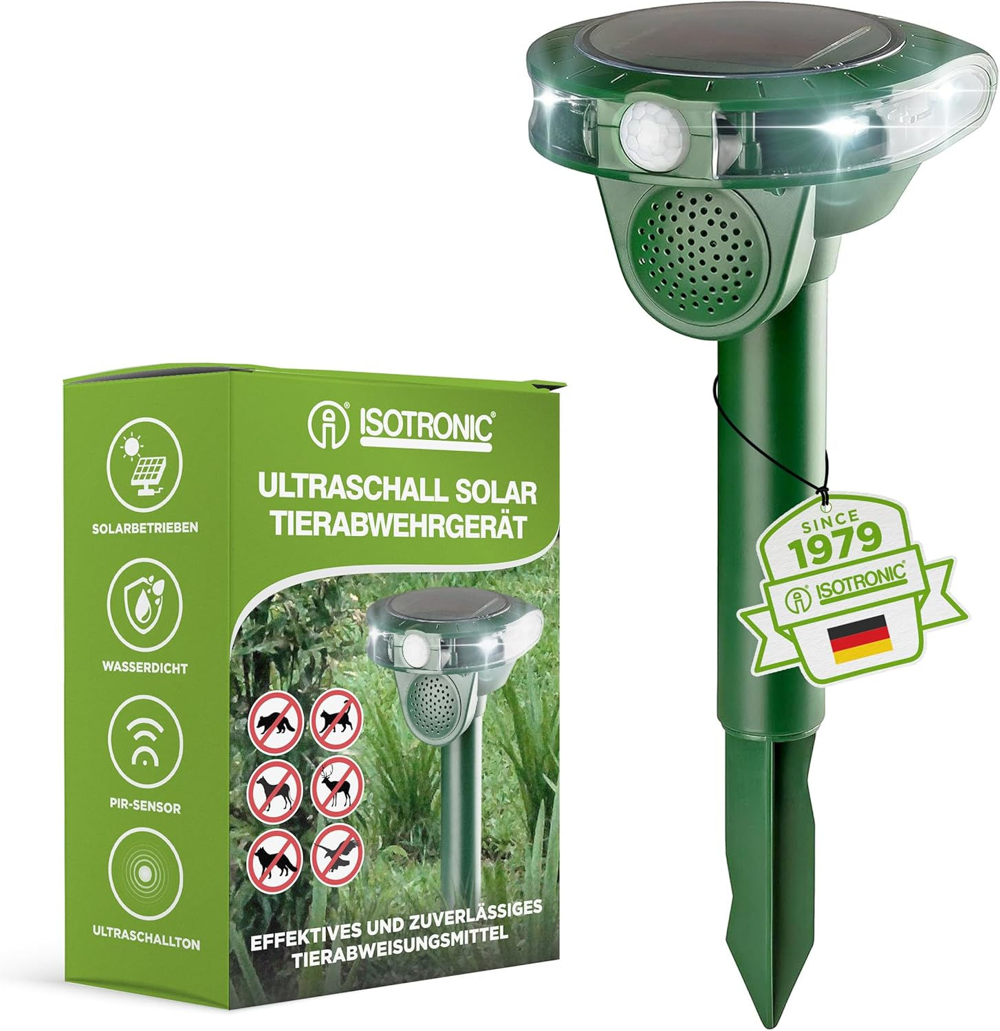 Ultraschall Solar Tiervertreiber, Katzenschreck, Hundeschreck, Wildtiere