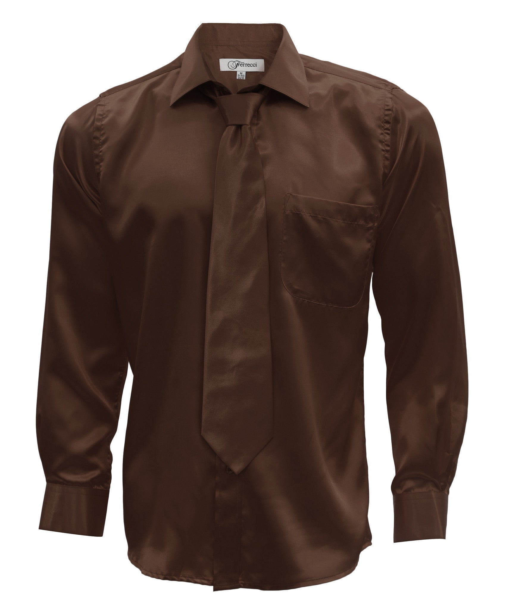 Brown Satin Regular Fit Dress Shirt, Tie & Hanky Set