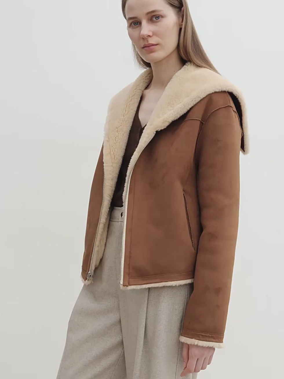 Thumbnail: Floating Dune Contrast Navy Collar Shearling Jacket