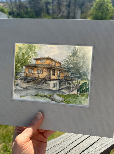 Watercolor painting of a house that was raised in Hood River, Oregon
