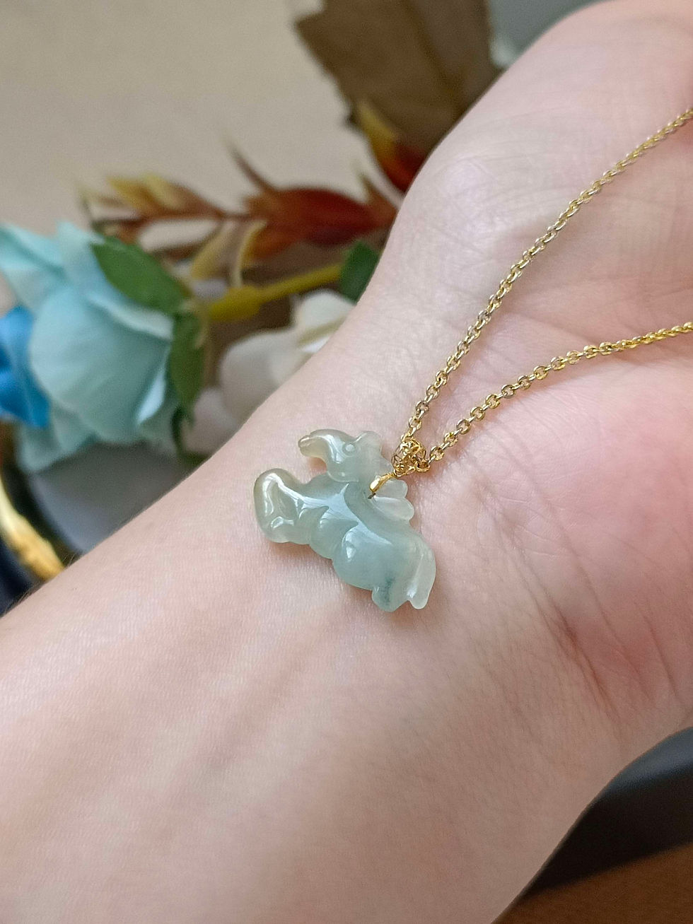 Thumbnail: Icy Bluish Floral Green And Yellow Type A Natural Jadeite Horse 18K Gold Pendant