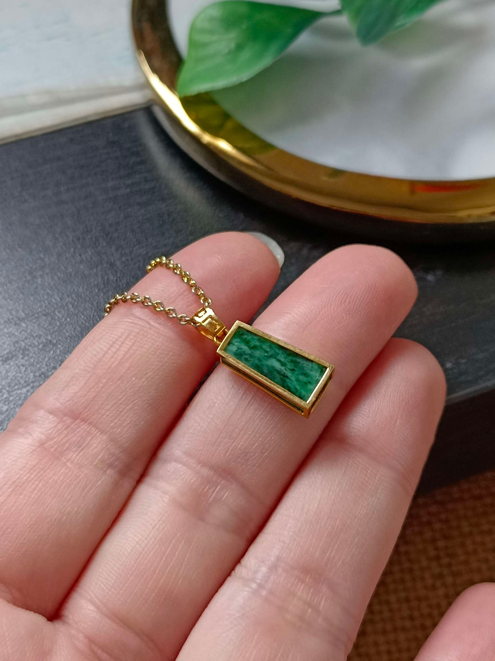 Thumbnail: Imperial Green Vein Type A Grade A Natural Jadeite Mini Rectangle Gold Pendant 