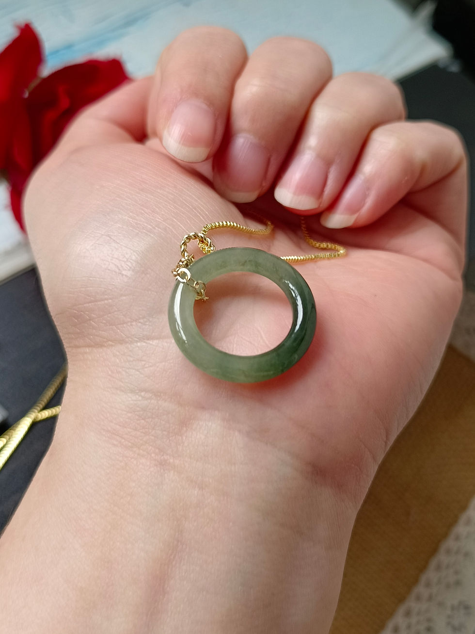 Thumbnail: Icy Green And Dark Bluish Green Type A Jadeite Donut Pendant In 14K Gold Filled 