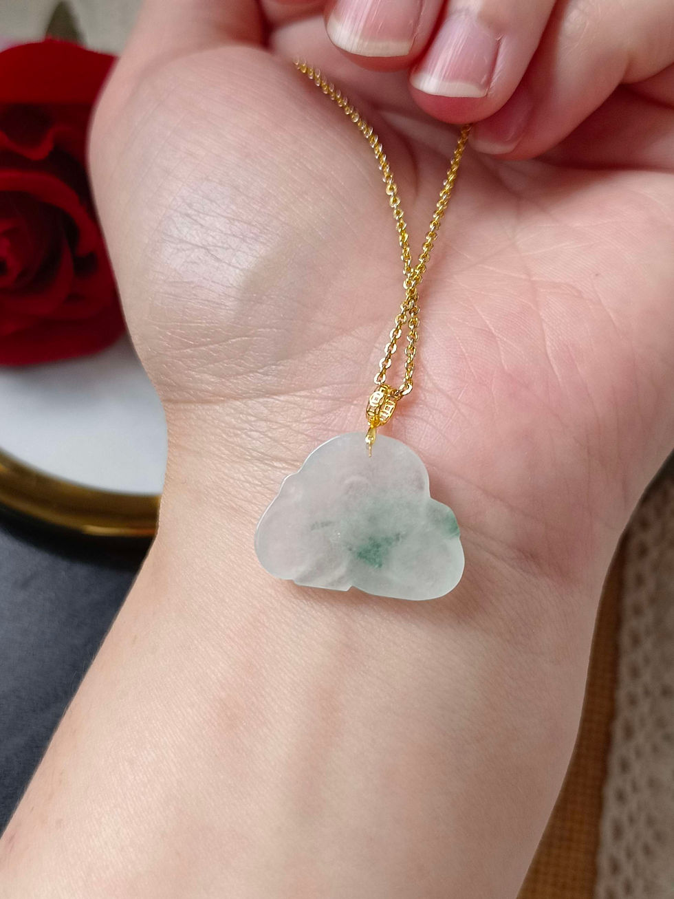 Thumbnail: Icy Floral Green Type A Grade A Natural Jadeite Monkey & Peach 18K Gold Pendant 