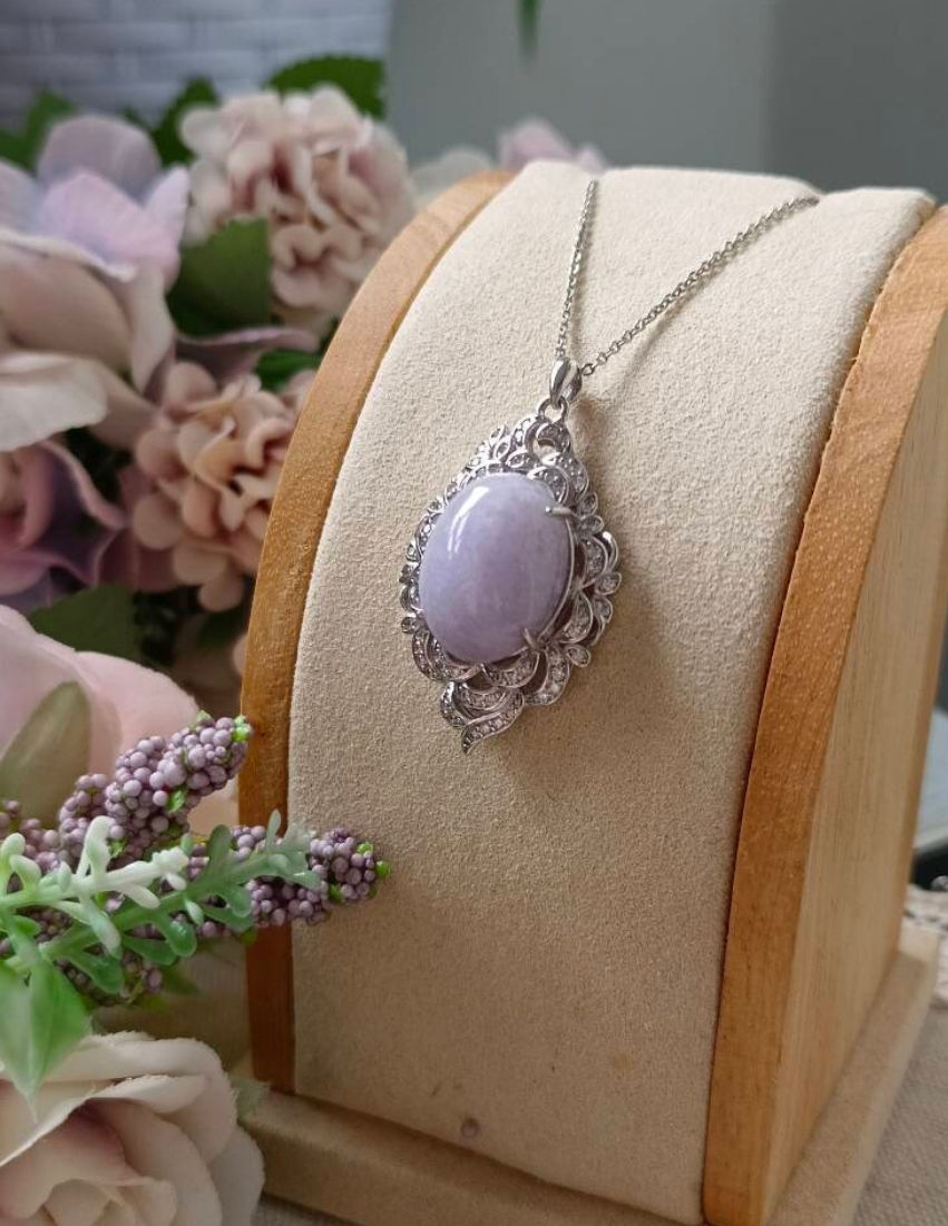 Thumbnail: 2xGreen And Lavender Type A Grade A Natural Jadeite Fei Cui 925 Silver Pendant
