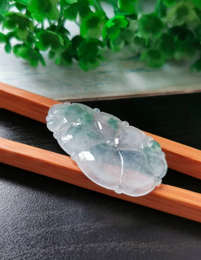 Thumbnail: Icy Floral Green Type A Grade A Natural Jadeite Jade Fei Cui Lotus Leaf Pendant 