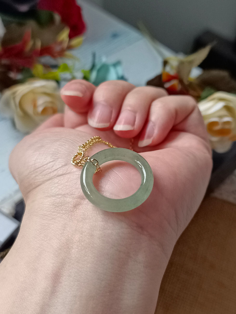 Thumbnail: Icy Green Type A Grade A Natural Jadeite Donut Pendant In 14K Gold Filled Bail