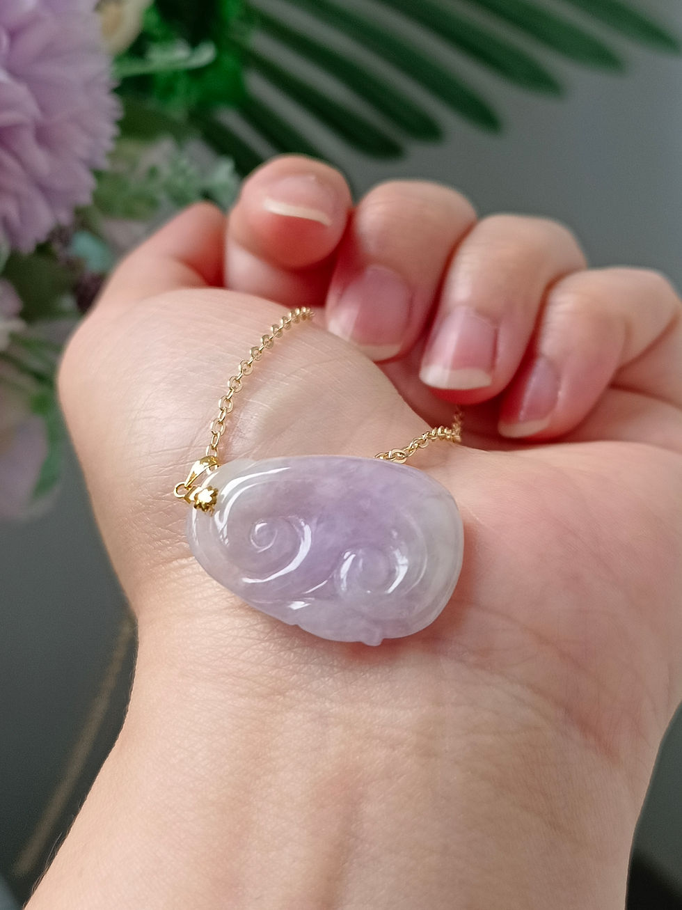 Thumbnail: Icy Lavender Type A Grade A Natural Jadeite Jade Fei Cui Ruyi 18K Gold Pendant