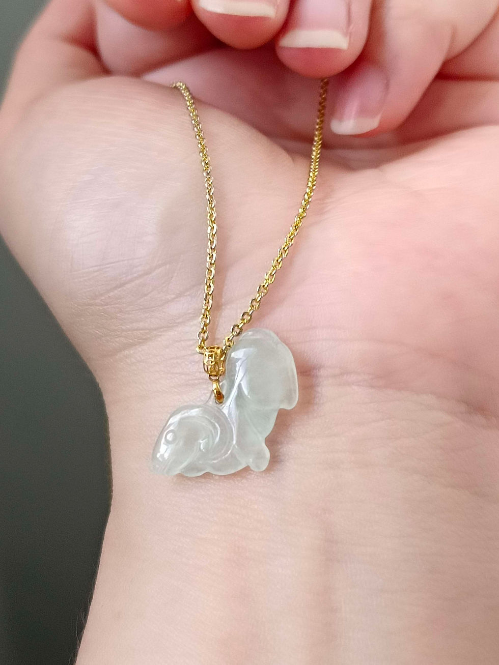 Thumbnail: Icy Light Faint Green Type A Grade A Natural Jadeite Goat 18K Gold Pendant 