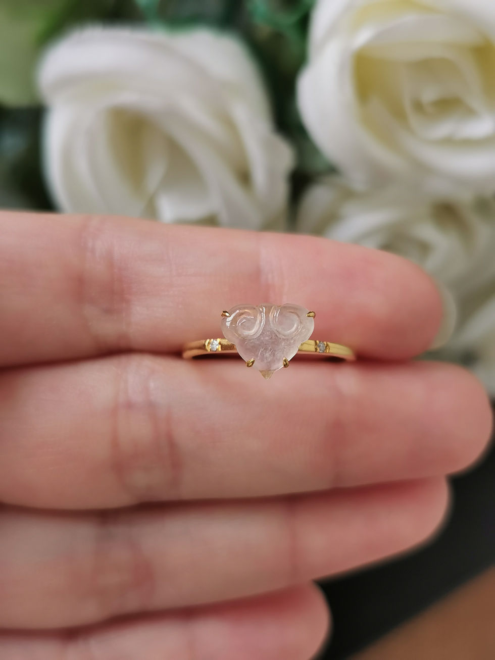 Thumbnail: Icy Translucent Type A Grade A Natural Jadeite Ruyi 18K Gold And Diamonds Ring