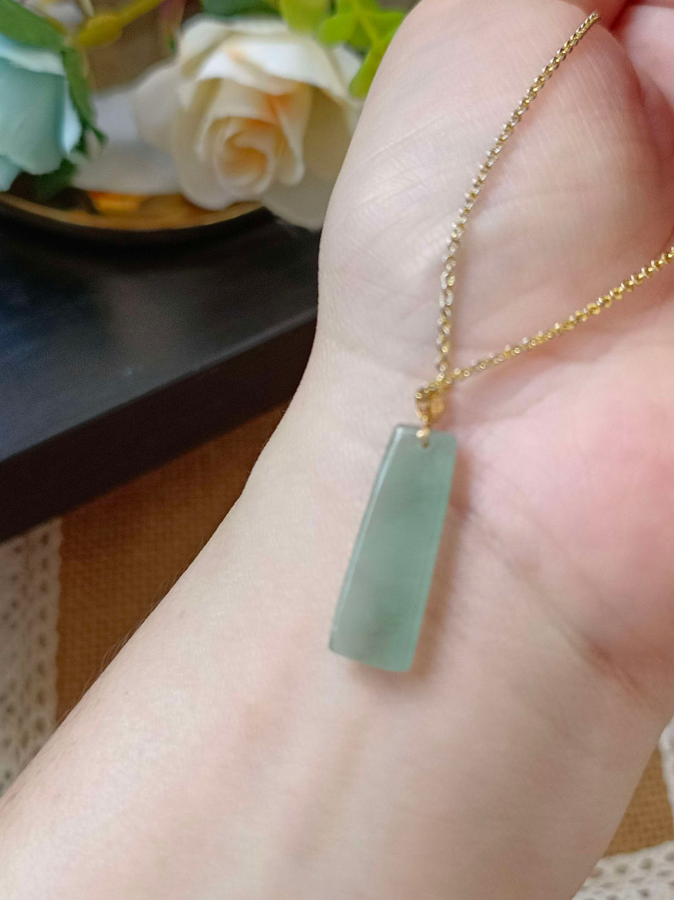Thumbnail: Icy Light Green Type A Grade A Natural Jadeite Plain Rectangle 18K Gold Pendant 