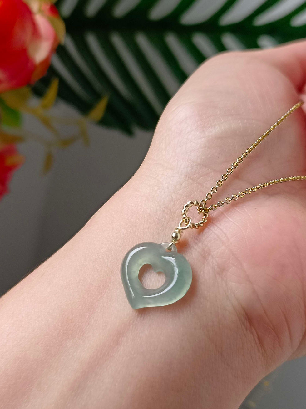 Thumbnail: Icy Light Blue Type A Grade A Natural Jadeite Heart 14K Gold Filled Pendant 