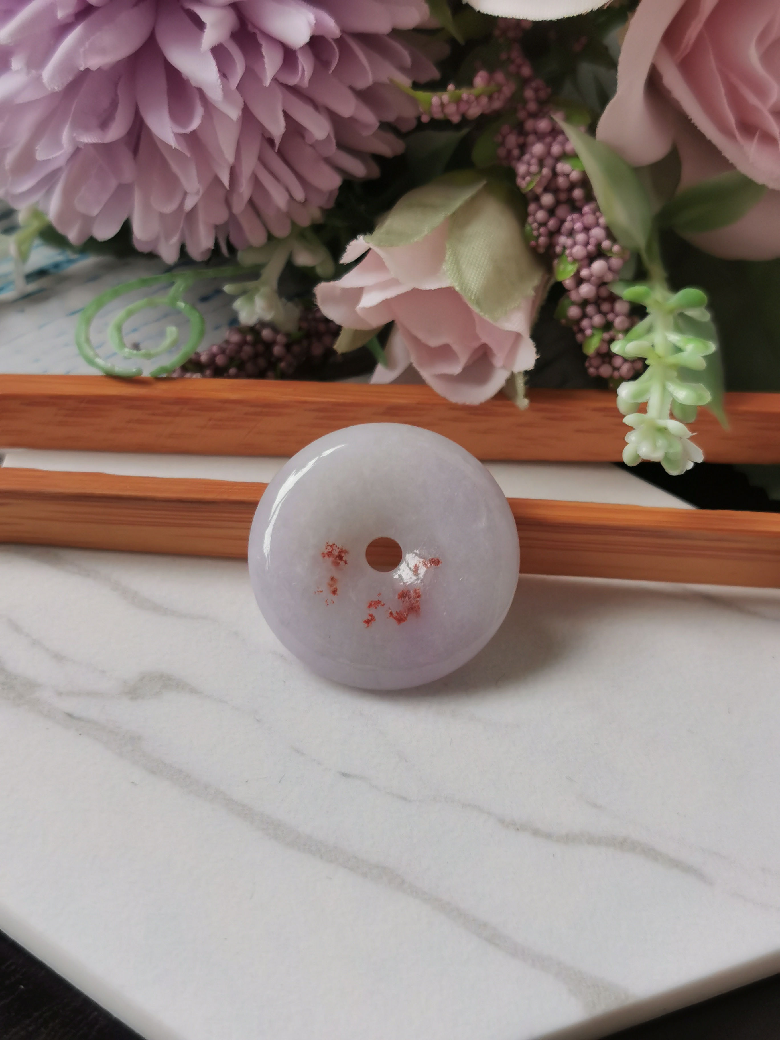 Red Floral In Lavender Type A Grade A Natural Jadeite Jade Fei Cui Donut Pendant
