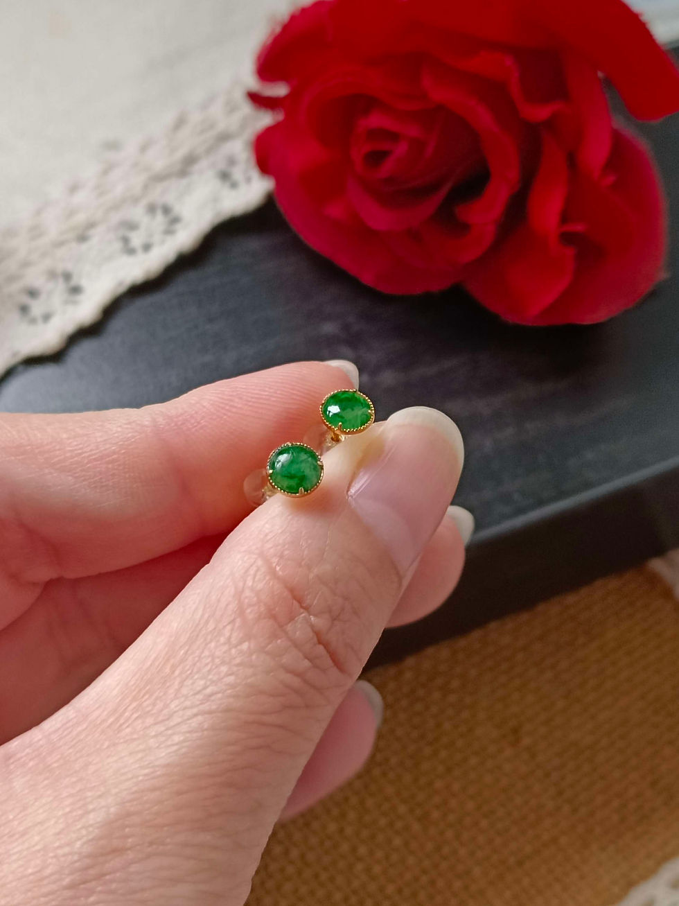 Thumbnail: Imperial Green Type A Natural Jadeite Jade Fei Cui 18K Gold Stud Earrings 