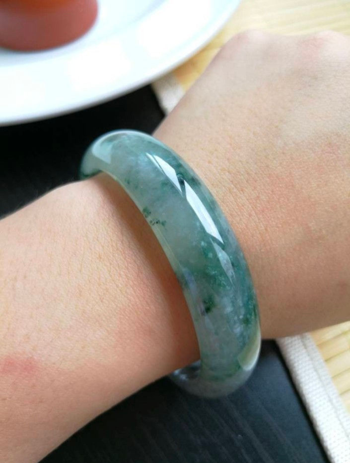 Thumbnail: 59.6mm Icy Translucent Ink Floral And Floral Green Type A Grade A Jadeite Bangle