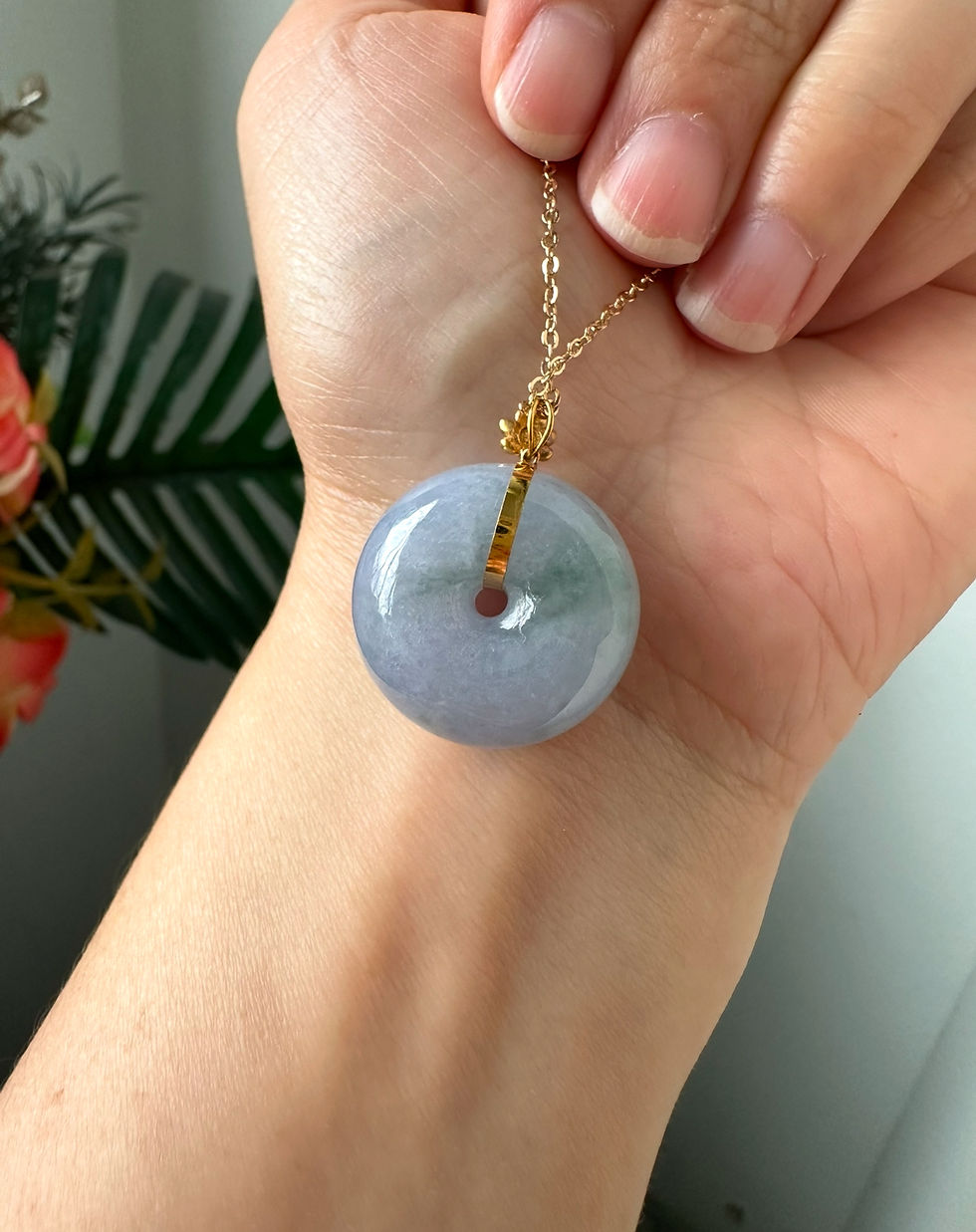 Thumbnail: 21.1MM Icy Lavender And Bluish Green Type A Grade A Natural Jadeite 18K Pendant 