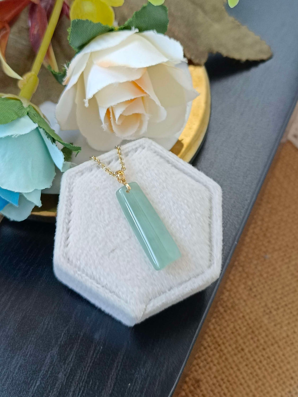 Thumbnail: Icy Light Green Type A Grade A Natural Jadeite Plain Rectangle 18K Gold Pendant 