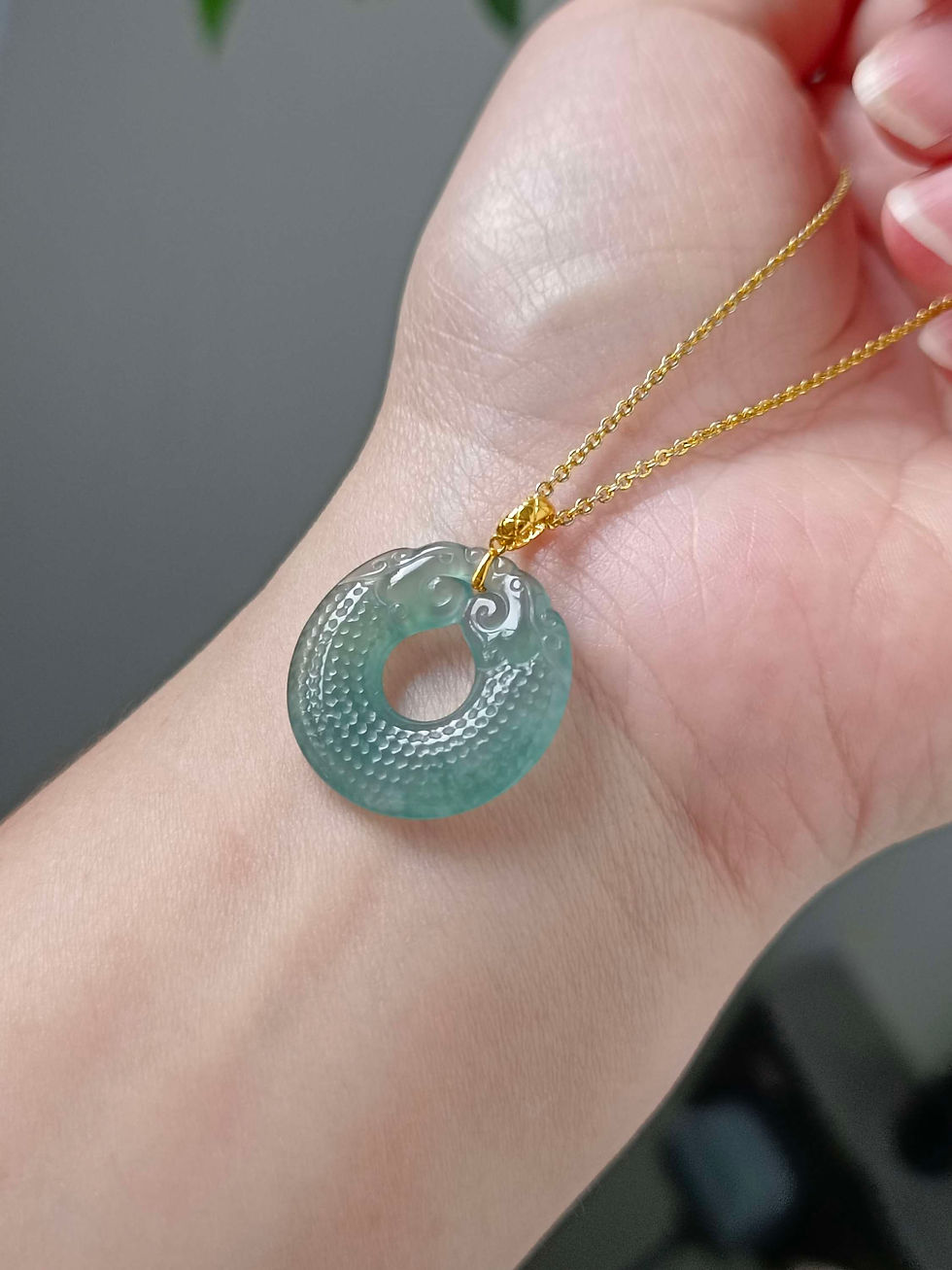 Thumbnail: Icy Bluish Green Type A Grade A Natural Jadeite Double Dragons 18K Gold Pendant 