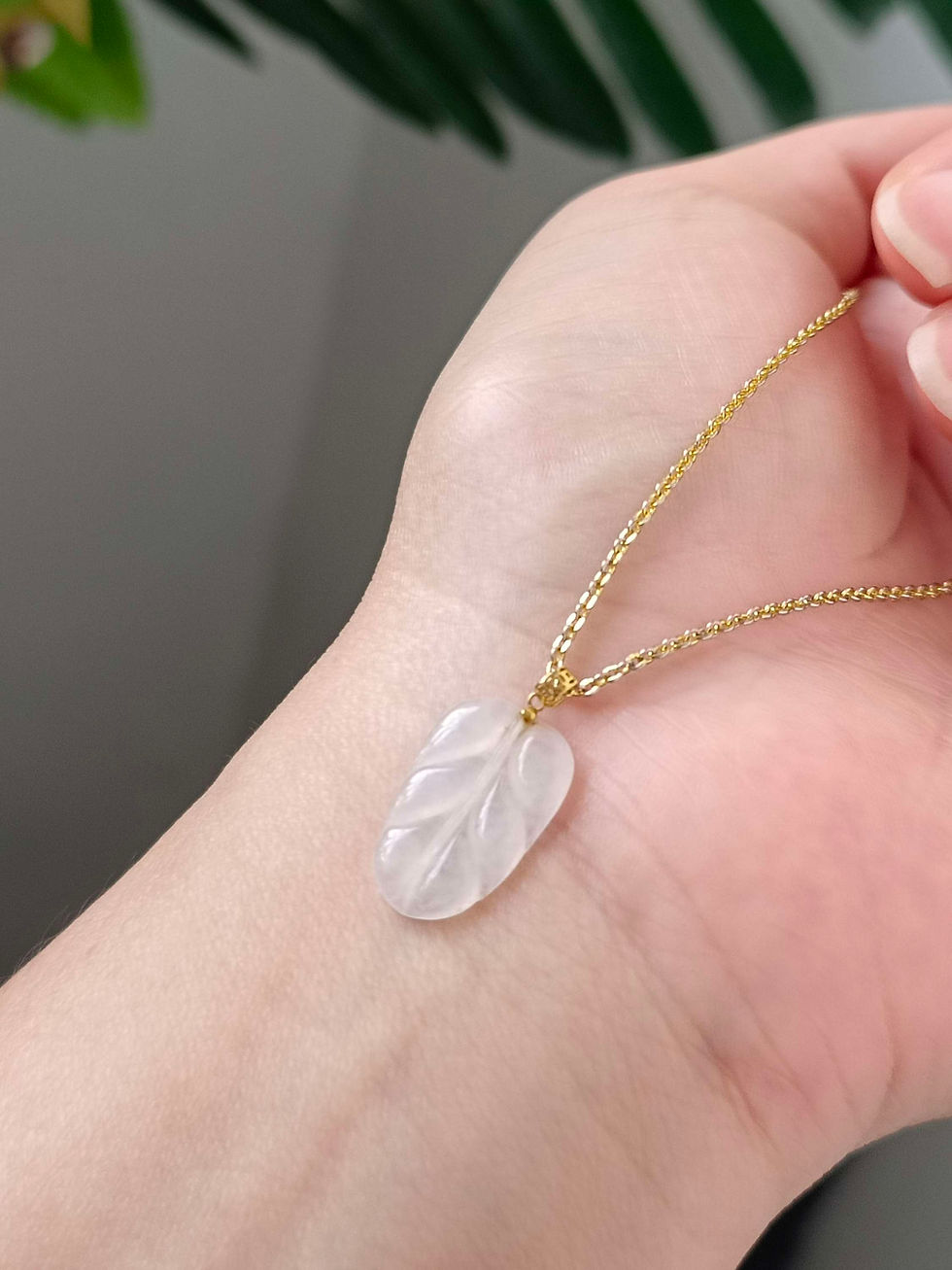 Thumbnail: Icy White Type A Grade A Natural Jadeite Jade Fei Cui Leaf 18K Gold Pendant 