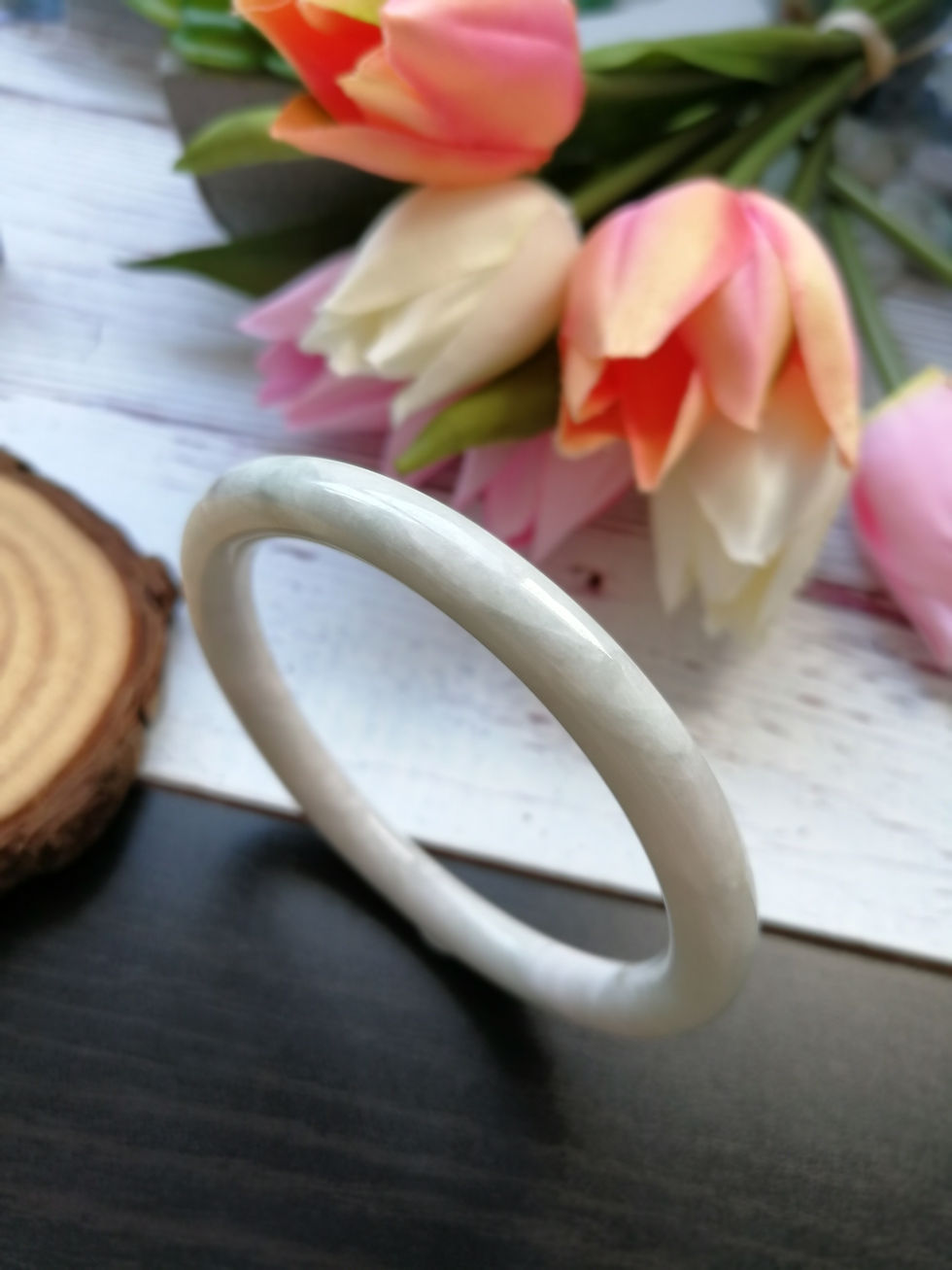 Thumbnail: 62.1mm White Type A Grade A Natural Jadeite Jade Traditional Round Bangle