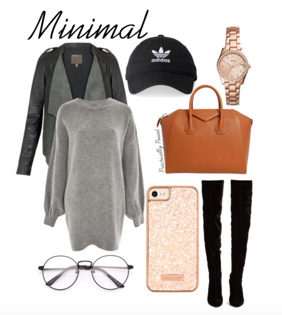 minimal, fashion, comfy, thursday, sweater dress, boots, adidas, iPhone, watch, glasses
