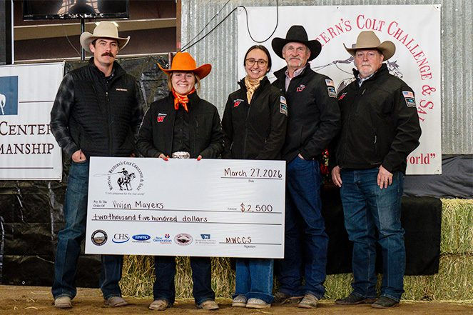 Corporate sponsors CHS, Rocky Mountain Supply, Zinpro Performance Minerals, and New Generation Supplements present the first-place prize to Vivian Mayers.