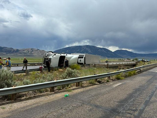 Empty Semi Blown Over by High Winds on Interstate 15 Near Lima