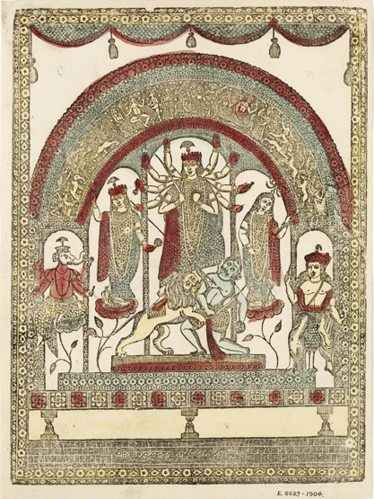 Battala woodcut print, “Durga as Mahishasuramardini,” circa 1860, North Calcutta. Public domain via Wikimedia Commons.