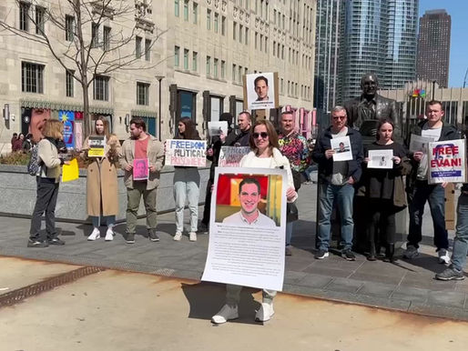 Flyers about Freedom Birds for Ukraine during a picket in support of Evan Gershkovich in Chicago.