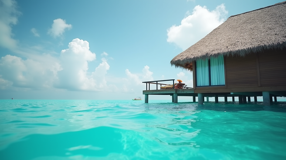 Eye-level view of overwater villa with turquoise lagoon