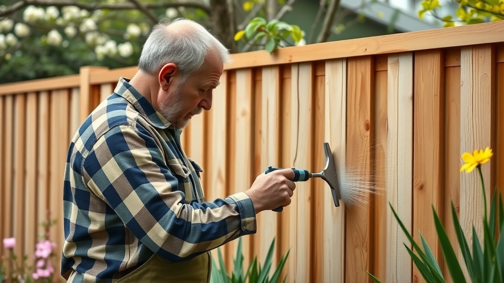 homeowner applying wood sealant backyard privacy fence maintenance tips Tennessee