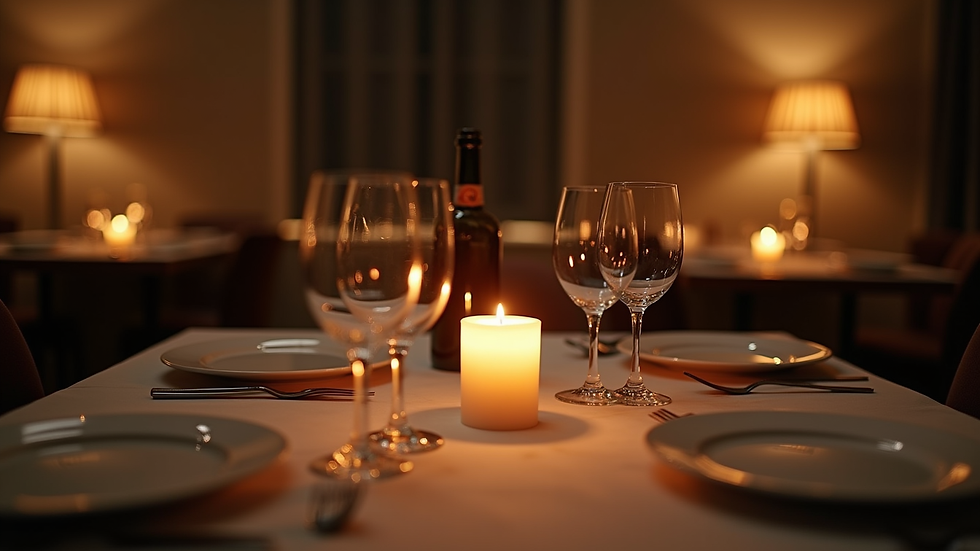 Close-up of a candlelit dinner table set for two