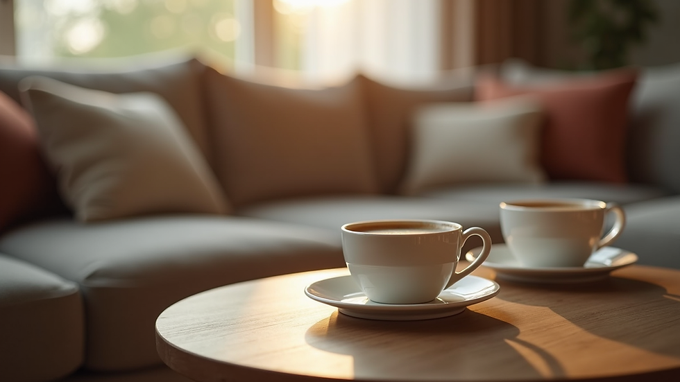 Eye-level view of a cozy living room with two cups of coffee on a small table