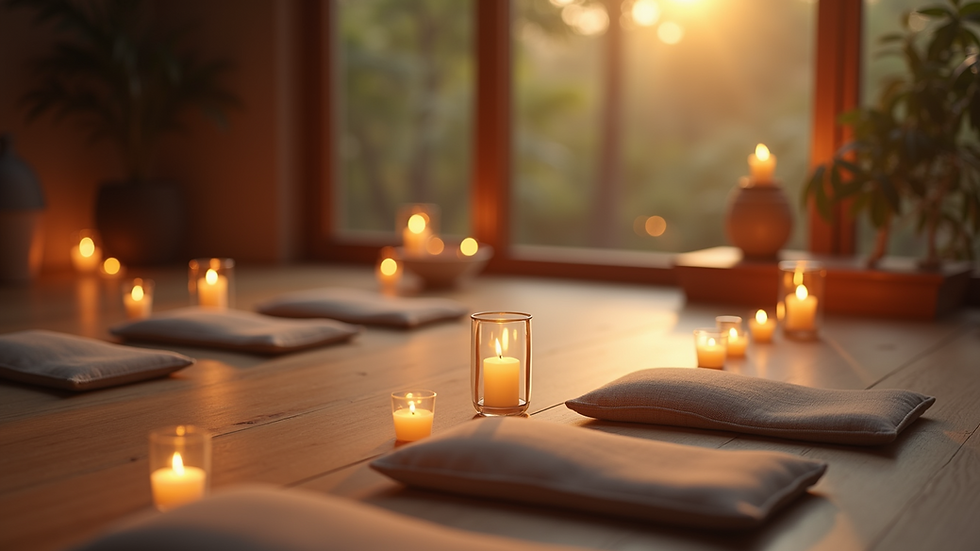 Eye-level view of a serene meditation space with candles and cushions