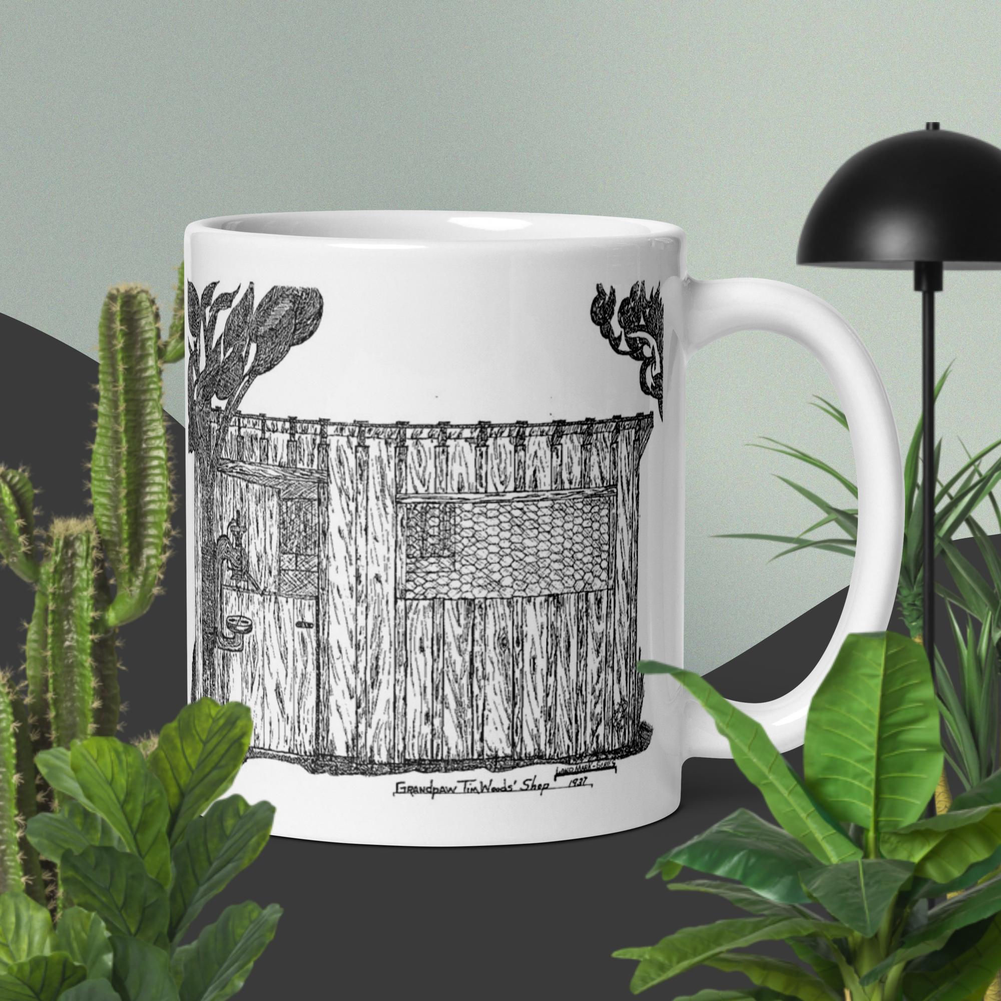 Grandpa Tims Shop on white glossy mug