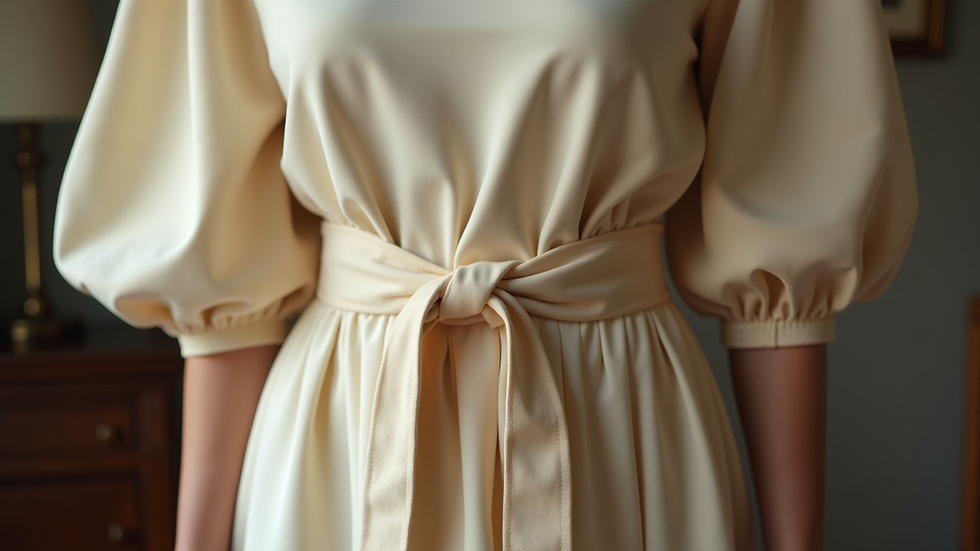 Close-up view of a modest dress with puff sleeves and a belt at the waist