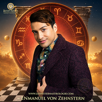 Astrologe vor einem leuchtenden Tierkreis mit Sternzeichen, klassischen Säulen und goldenem Himmel – Zehnstern Astrologie. ENmanuel von Zehnstern.