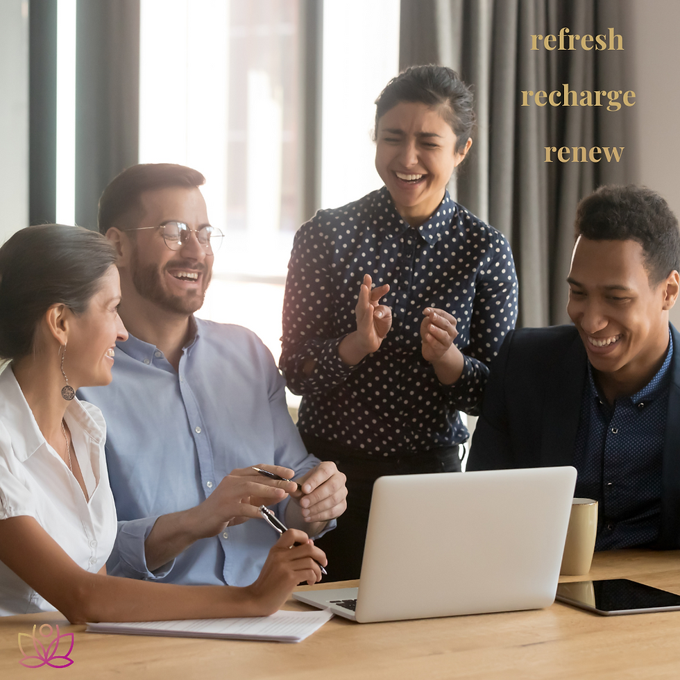 Four people smiling around a laptop in an office. Text reads "refresh recharge renew." Bright, cheerful setting with natural light.