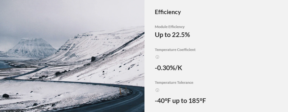 Efficiency Module Efficiency Up to 22.5% Temperature Coefficient Info button -0.30%/K Temperature Tolerance Info button -40°F up to 185°F
