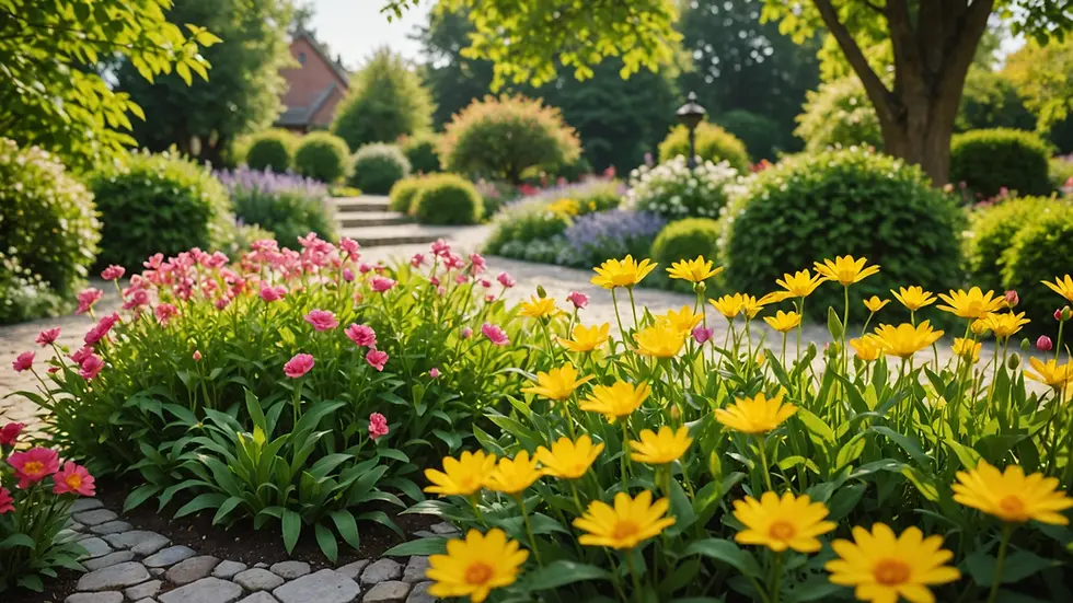 Close-up of a tranquil garden setting with blooming flowers